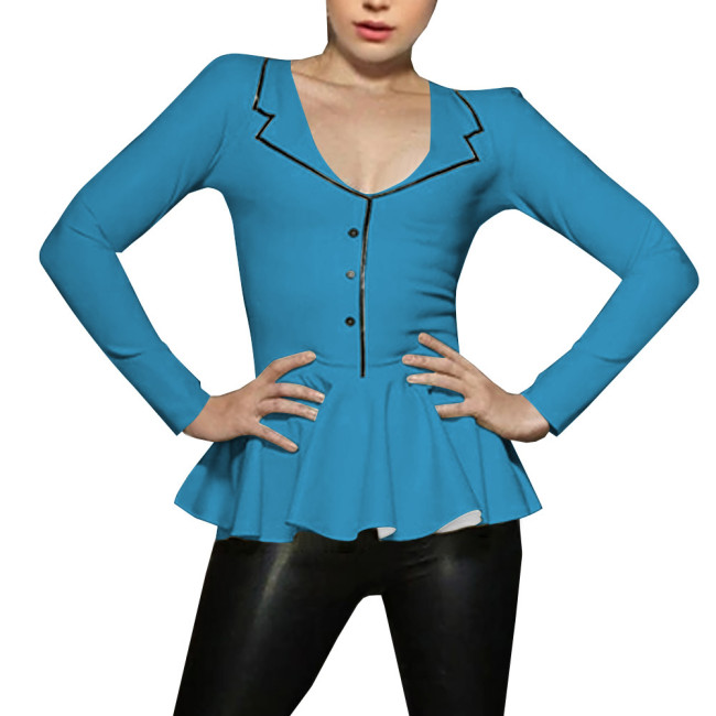 Spliced A-line Mermaid Women Shirt Sigle-breasted Lapel Long Sleeve Bodycon Blouse Latex Look Office Lady Fashion Match Tops