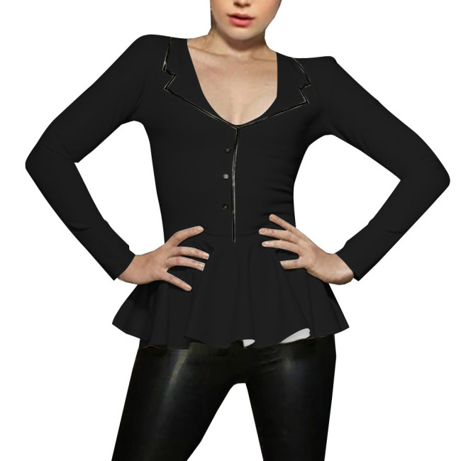 Spliced A-line Mermaid Women Shirt Sigle-breasted Lapel Long Sleeve Bodycon Blouse Latex Look Office Lady Fashion Match Tops