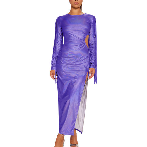 Holographic Laser Women Sexy High Split Bodycon Robe Long Sleeve Crew Neck Long Dress Solid Ccolor Slim Fit Maxi Dresses