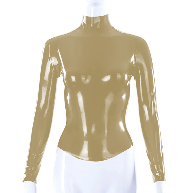 Shiny PVC Leather Latex Look Women Slim Fit T-shirt Back Zipper Long Sleeve High Neck Shirt Bodycon Blouse All-match Tops