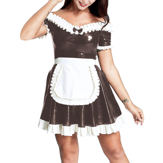 Slash V-neck Women Bodycon Ruffled Maid Dress with Apron Patchwork Ruched Hems  A-line Pleated Mini Dress Maid Cosplay Costume