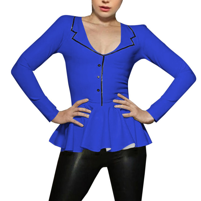Spliced A-line Mermaid Women Shirt Sigle-breasted Lapel Long Sleeve Bodycon Blouse Latex Look Office Lady Fashion Match Tops