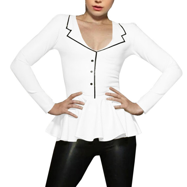 Spliced A-line Mermaid Women Shirt Sigle-breasted Lapel Long Sleeve Bodycon Blouse Latex Look Office Lady Fashion Match Tops
