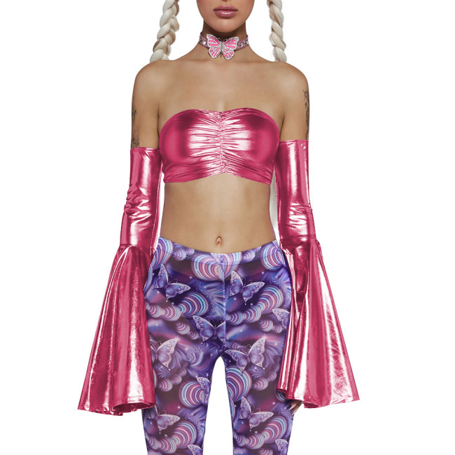 Women 2Pcs Set Oversleeve+chest Binder Holographic Laser Flared Cuff Sexy Backless Bodycon Chest Wrap Exotic Crop Tops