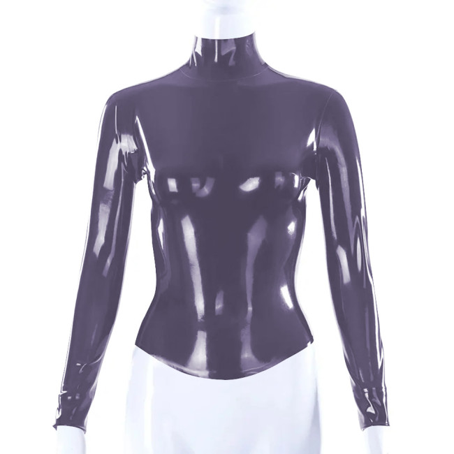 Shiny PVC Leather Latex Look Women Slim Fit T-shirt Back Zipper Long Sleeve High Neck Shirt Bodycon Blouse All-match Tops