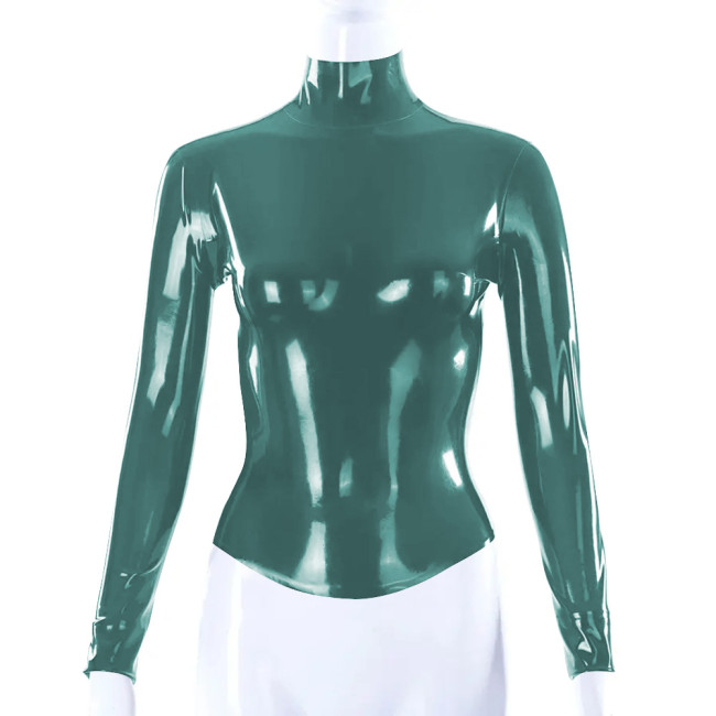Shiny PVC Leather Latex Look Women Slim Fit T-shirt Back Zipper Long Sleeve High Neck Shirt Bodycon Blouse All-match Tops