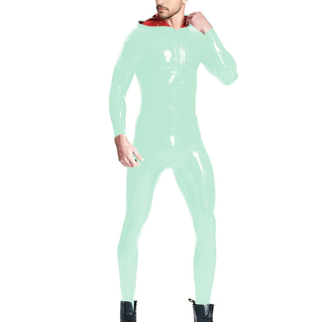 Man High Street Latex Look Jumpsuit Shiny PVC Leather Candy Color Hooded Rompers Long Sleeve Front Zip Teddies Club Stage Attire