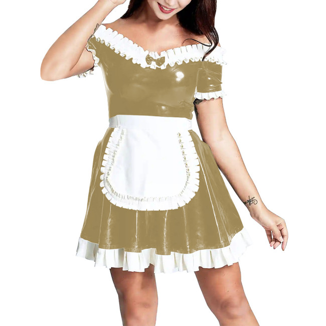 Slash V-neck Women Bodycon Ruffled Maid Dress with Apron Patchwork Ruched Hems  A-line Pleated Mini Dress Maid Cosplay Costume