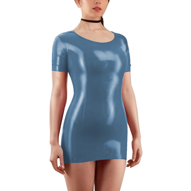Scoop Neck Short Sleeve Solid Color Women Bodycon Mini Dress Shiny PVC Leather Faux Latex Skinny Wrap Hip Sheath Casual Appreal