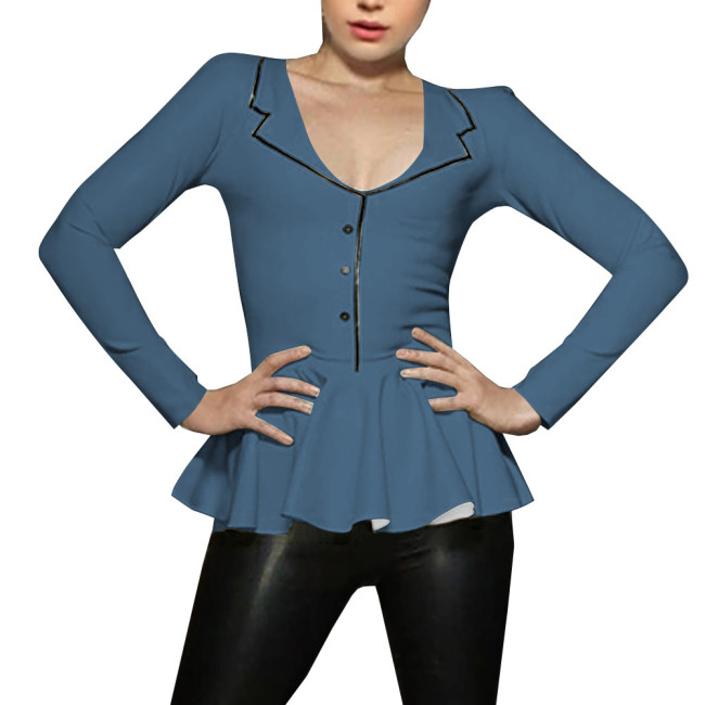 Spliced A-line Mermaid Women Shirt Sigle-breasted Lapel Long Sleeve Bodycon Blouse Latex Look Office Lady Fashion Match Tops