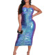 Holographic Laser Maxi Dress for Women Strapless Bodycon Hip Wrap Dress Revelry Party Vestido Zipper Back Sexy Hobble Dress