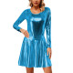 Exotic Two Piece Sets Shiny Metallic Long Sleeve Bodysuit with High Waist Mini Pleated Skirt Sexy Cosplay Body Suit