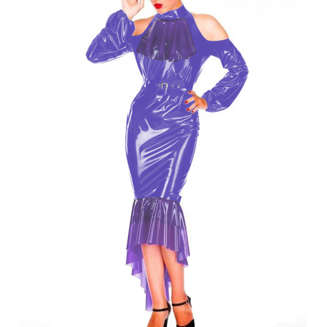 Sexy Bodycon Hobble Maxi Dresses for Women Patchwork Off Shoulder Hip Wrap Mermaid Faux Latex Sexy Dress Evening Cocktail Gown