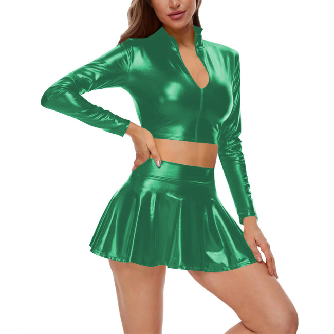 Fahion Casual Two Piece Sets Womens Outifits Shiny Metallic Front Zipper Slim Fit Crop Top with Sexy Mini Pleated Skirt Clubwear