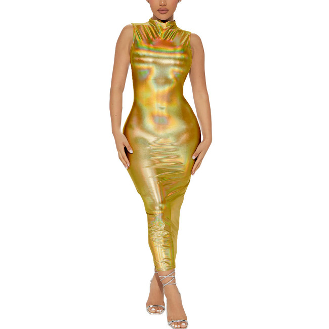 Glitter Laser Holographic Long Dress Elegant Sleeveless Hobble Dress Fashion Party Ankle-length Dresses Wet Look Rave Clubwear