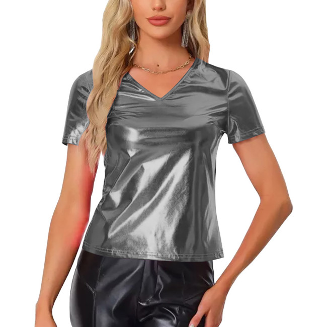 Shiny Metallic Short Sleeve T-shirt for Womens Fashion Casual V-Neck Solid Color Tops Rave Party Nightclub Wear Female Blouse