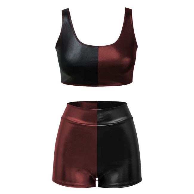 Shiny Metallic Two Piece Sets Womens Outifits Patchwork Sexy Sleeveless Crop Top and Slim Fit Shorts Basic Stretchy Short Sets