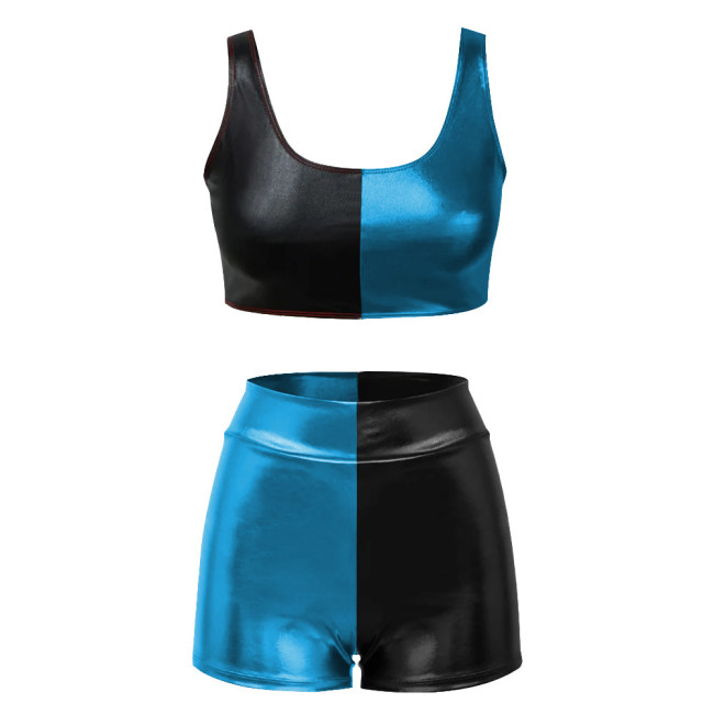 Shiny Metallic Two Piece Sets Womens Outifits Patchwork Sexy Sleeveless Crop Top and Slim Fit Shorts Basic Stretchy Short Sets