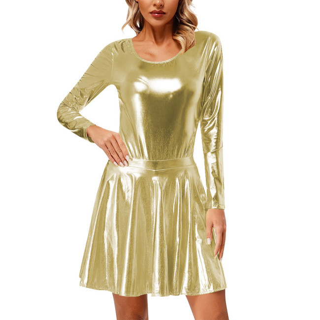 Exotic Two Piece Sets Shiny Metallic Long Sleeve Bodysuit with High Waist Mini Pleated Skirt Sexy Cosplay Body Suit