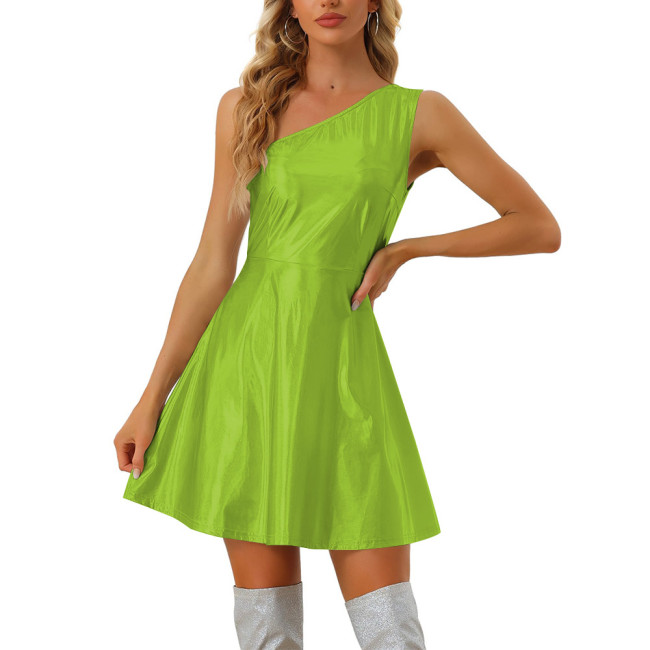 Sexy Inclined Shoulder Slim Fit Mini Dress Laser Metallic Women Slim Waist A-line Dress Party Club Sleeveless Women Short Dress