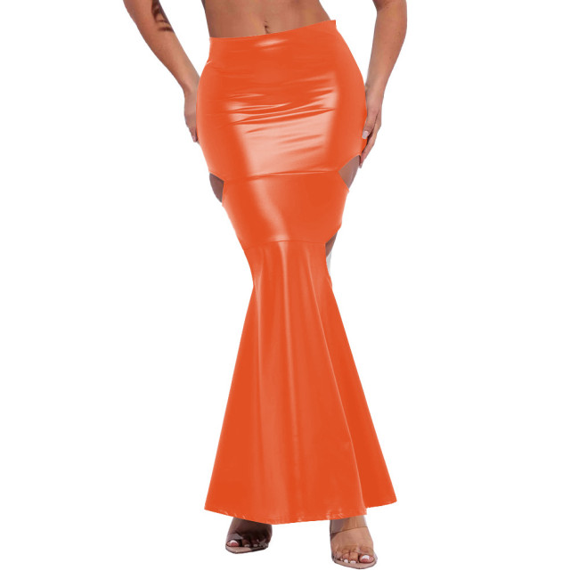Sexy Side Hollow Out Mermaid Long Skirt PU Leather Skirt Women Bodycon Hobble Maxi Skirts Mens Sissy Crossdresser Solid Skirts