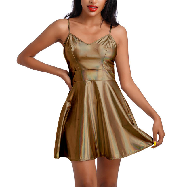 Laser Metallic Summer Spaghetti Strap Mini Dress Women Sleeveless Sexy A-line Dress Female Camisole Slim Fit Club Party Dress