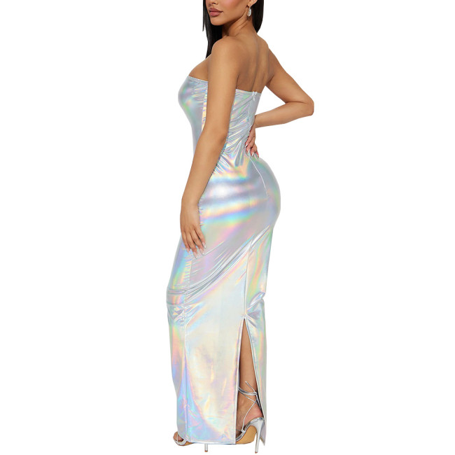 Strapless Glitter Laser Bodycon Dress Holographic Sexy Hollow Long Pencil Dress Tights Package Hip Hobble Dress Womens Clubwear