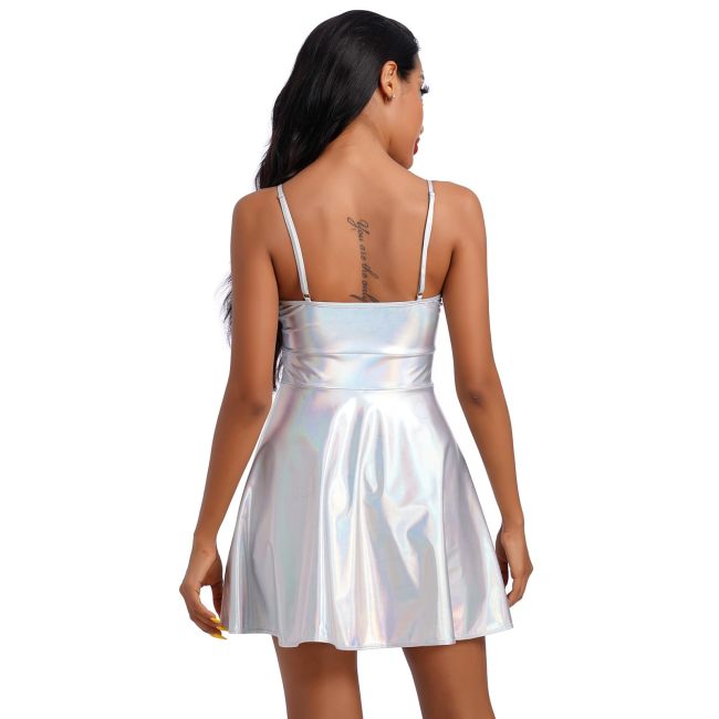 Laser Metallic Summer Spaghetti Strap Mini Dress Women Sleeveless Sexy A-line Dress Female Camisole Slim Fit Club Party Dress
