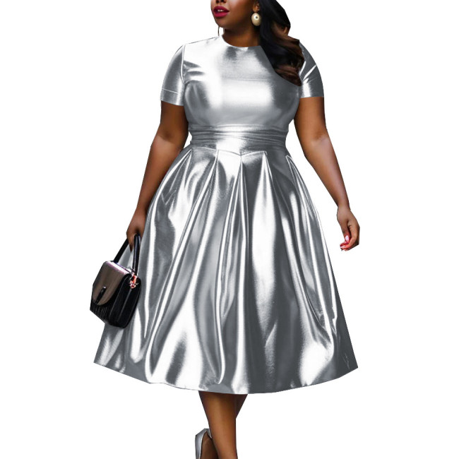 Summer Short Sleeve Dress for Women Shiny Metallic Slim Waist Solid Color A-line Dress Office Lady Casual Vintage Party Dress