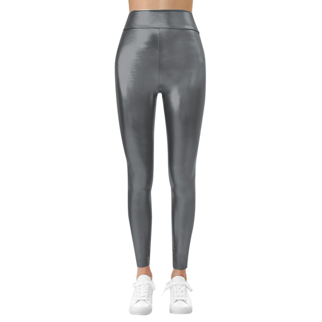 High Waist Sheath Solid Color Joggers Women Shiny Metallic Sexy Bodycon Pencil Casual Pants Stretchy Basic Leggings Streetwear