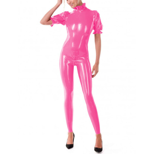 Puff Short Sleeve Bodycon Jumpsuits Women Shiny PVC Leather High Neck Slim Fit Solid Color Jumpsuits Sexy Club Zentai Leotard