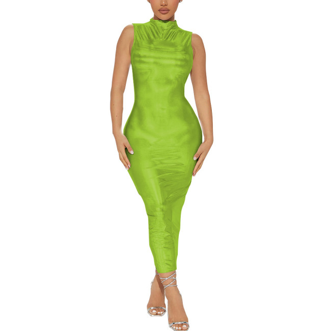 Glitter Laser Holographic Long Dress Elegant Sleeveless Hobble Dress Fashion Party Ankle-length Dresses Wet Look Rave Clubwear