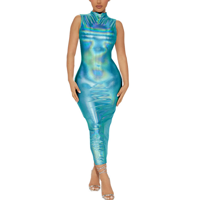 Glitter Laser Holographic Long Dress Elegant Sleeveless Hobble Dress Fashion Party Ankle-length Dresses Wet Look Rave Clubwear
