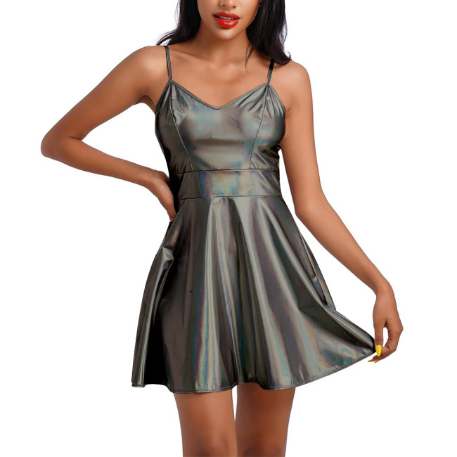 Laser Metallic Summer Spaghetti Strap Mini Dress Women Sleeveless Sexy A-line Dress Female Camisole Slim Fit Club Party Dress