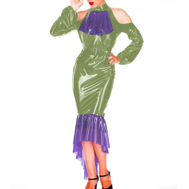 Sexy Bodycon Hobble Maxi Dresses for Women Patchwork Off Shoulder Hip Wrap Mermaid Faux Latex Sexy Dress Evening Cocktail Gown