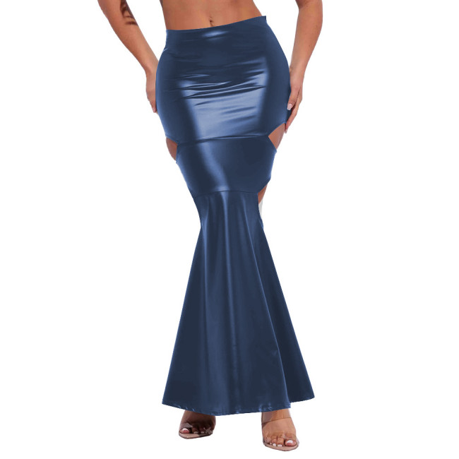 Sexy Side Hollow Out Mermaid Long Skirt PU Leather Skirt Women Bodycon Hobble Maxi Skirts Mens Sissy Crossdresser Solid Skirts