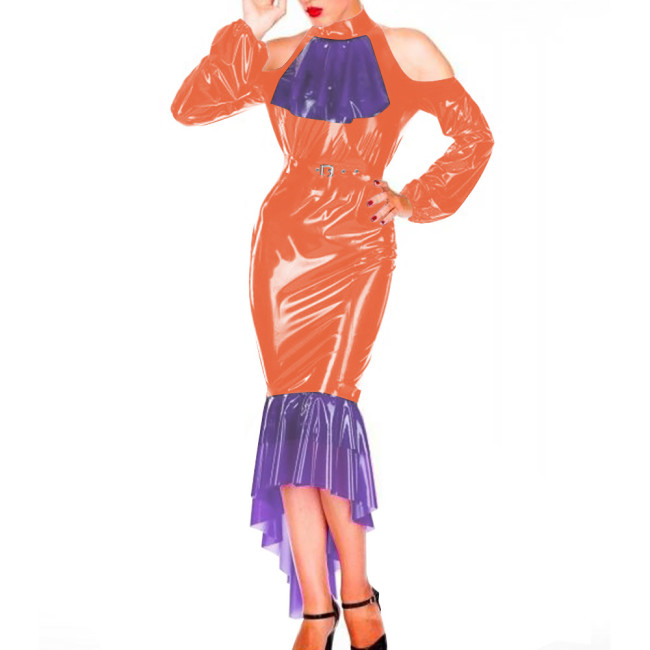Sexy Bodycon Hobble Maxi Dresses for Women Patchwork Off Shoulder Hip Wrap Mermaid Faux Latex Sexy Dress Evening Cocktail Gown