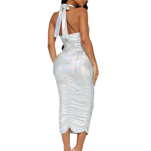 Halter Backless Bodycon Hip Wrap Dress Holographic Laser Chest Hollow Sexy Summer Dress Revelry Party Lady Hobble Long Dress