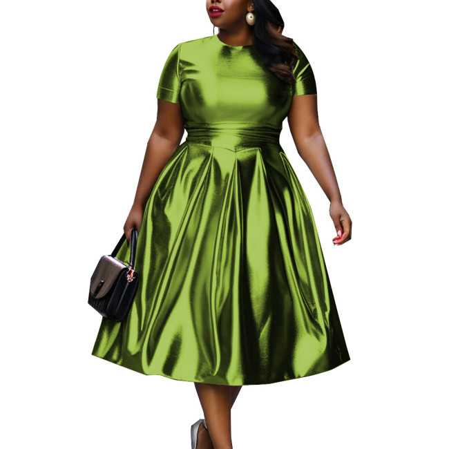 Summer Short Sleeve Dress for Women Shiny Metallic Slim Waist Solid Color A-line Dress Office Lady Casual Vintage Party Dress