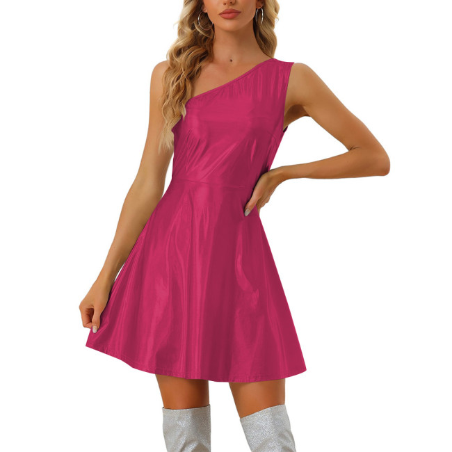 Sexy Inclined Shoulder Slim Fit Mini Dress Laser Metallic Women Slim Waist A-line Dress Party Club Sleeveless Women Short Dress