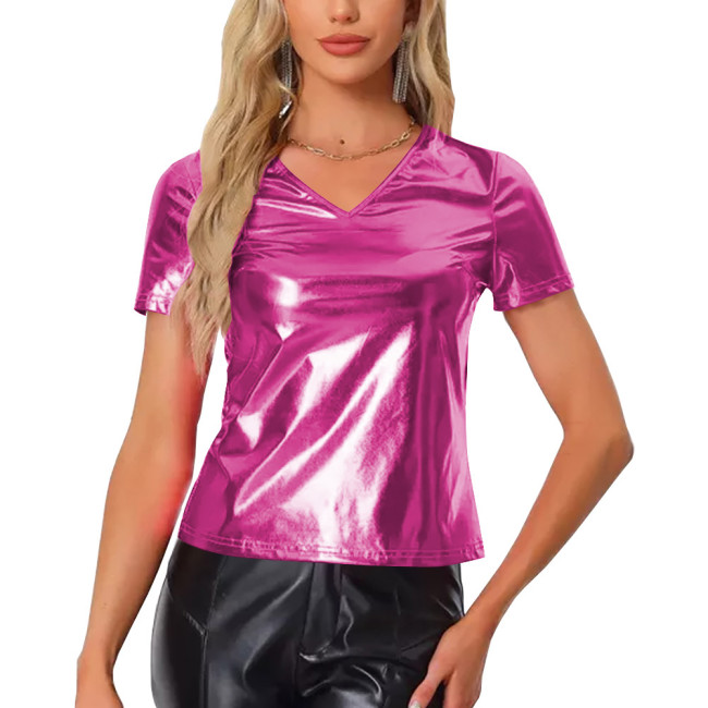 Shiny Metallic Short Sleeve T-shirt for Womens Fashion Casual V-Neck Solid Color Tops Rave Party Nightclub Wear Female Blouse