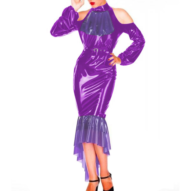 Sexy Bodycon Hobble Maxi Dresses for Women Patchwork Off Shoulder Hip Wrap Mermaid Faux Latex Sexy Dress Evening Cocktail Gown