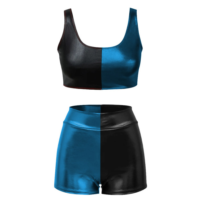 Shiny Metallic Two Piece Sets Womens Outifits Patchwork Sexy Sleeveless Crop Top and Slim Fit Shorts Basic Stretchy Short Sets