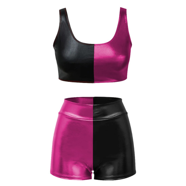 Shiny Metallic Two Piece Sets Womens Outifits Patchwork Sexy Sleeveless Crop Top and Slim Fit Shorts Basic Stretchy Short Sets