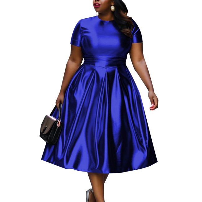 Summer Short Sleeve Dress for Women Shiny Metallic Slim Waist Solid Color A-line Dress Office Lady Casual Vintage Party Dress