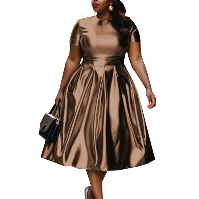 Summer Short Sleeve Dress for Women Shiny Metallic Slim Waist Solid Color A-line Dress Office Lady Casual Vintage Party Dress