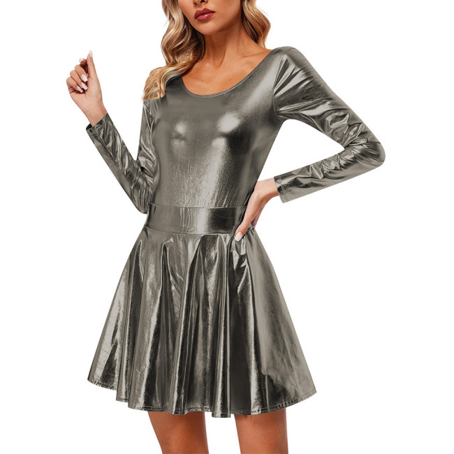 Fashion 2 Piece Skirt Set Women Long Sleeve O-neck Bodysuits Sexy Mini Pleated Skirt Laser Metallic Sissy Slim Fit Skirts Sets
