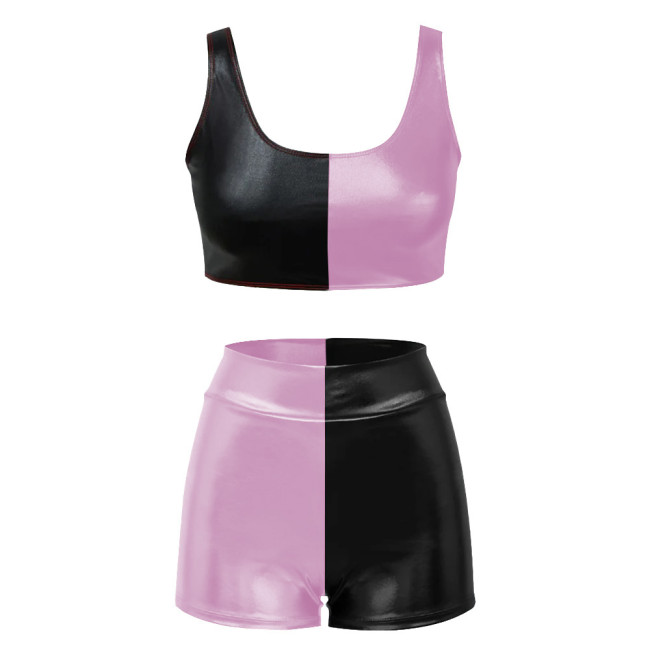 Shiny Metallic Two Piece Sets Womens Outifits Patchwork Sexy Sleeveless Crop Top and Slim Fit Shorts Basic Stretchy Short Sets