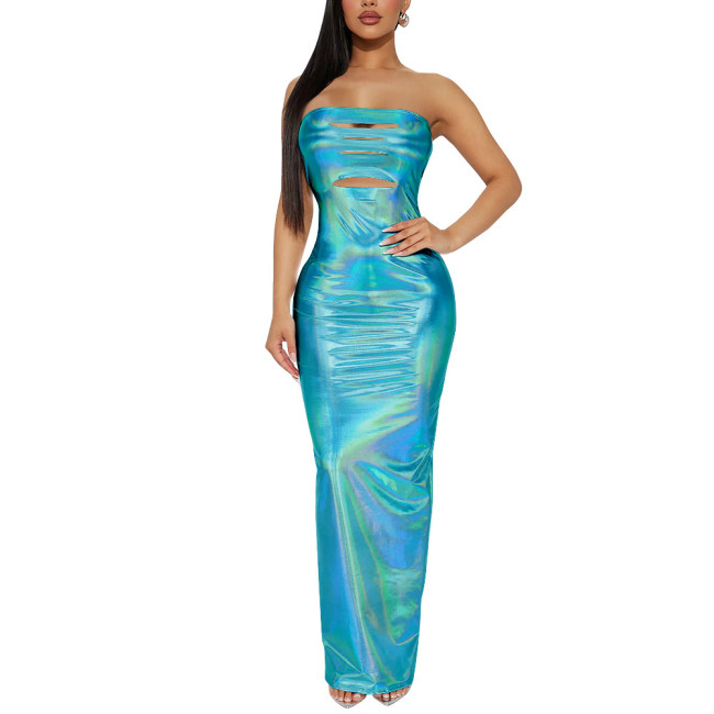 Strapless Glitter Laser Bodycon Dress Holographic Sexy Hollow Long Pencil Dress Tights Package Hip Hobble Dress Womens Clubwear