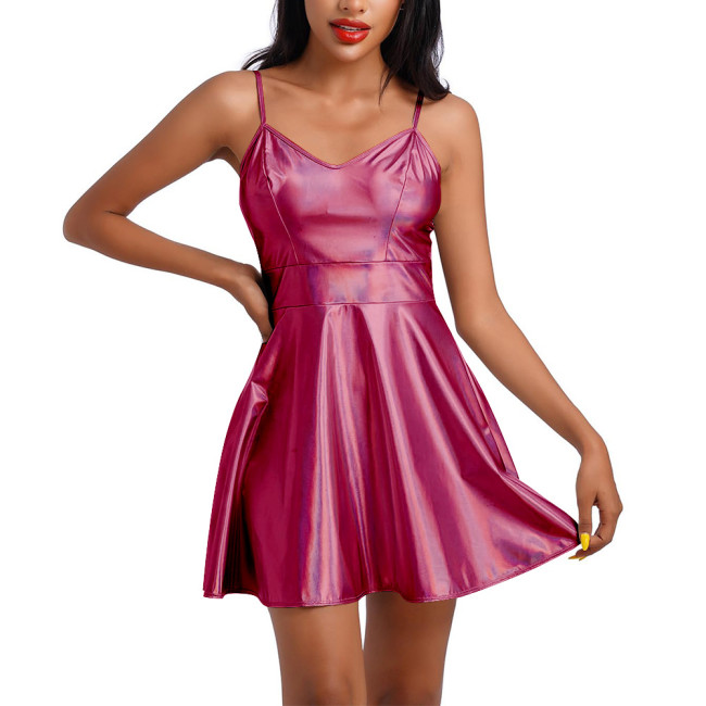 Laser Metallic Summer Spaghetti Strap Mini Dress Women Sleeveless Sexy A-line Dress Female Camisole Slim Fit Club Party Dress